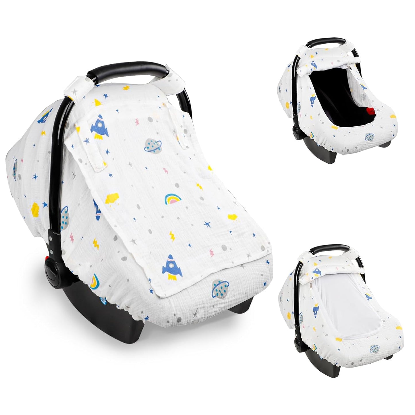 Hooyax Muslin Car Seat Cover Baby, Summer Car Seat Covers for Babies, Infants, and Newborns, Ultra Soft Breathable Universal Fit Stroller Carseat Canopy Covers for Boys Girls (Planet)