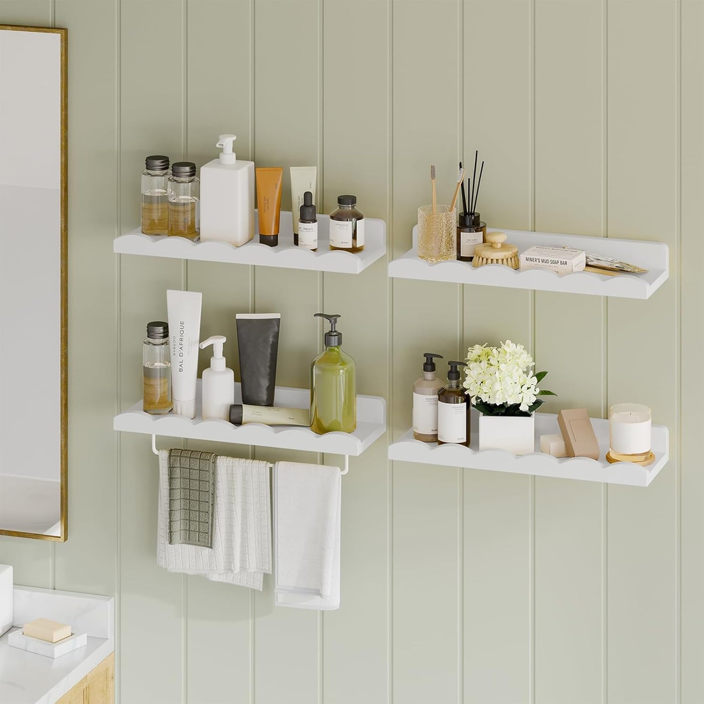 Fixwal Nursery Shelves, 16.5 Inch Floating Bookshelves for Wall Set of 4, Scalloped Wall Book Shelves with Towel Rack for Kids, Toddler Room, Baby Room, Nursery Decor and Storage(White)