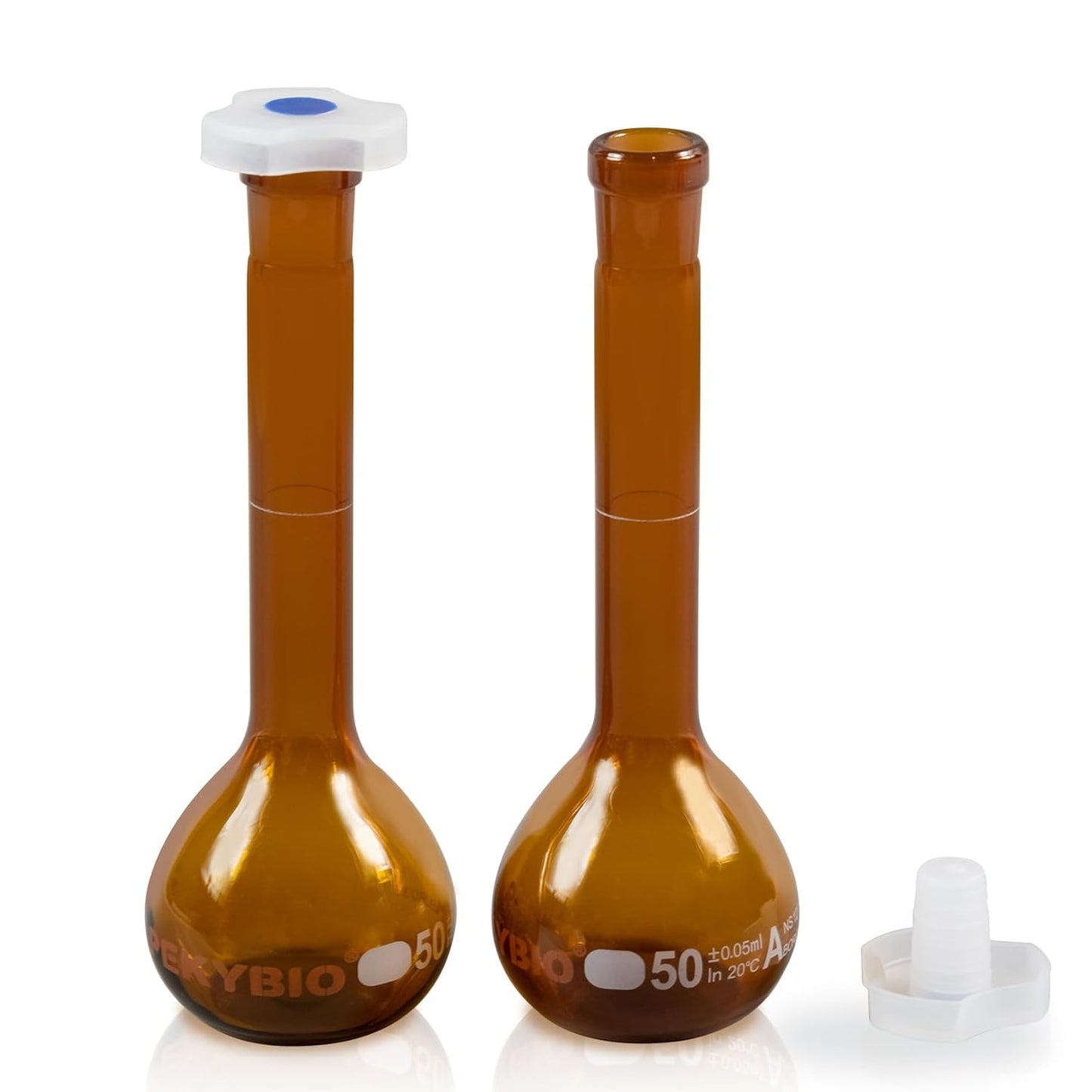 50ML Amber Volumetric Flask Set|ASTM Class A 3.3 Borosilicate Glass|Polypropylene Stopper|White Graduation|for Analytical Chemistry Work|2PCS