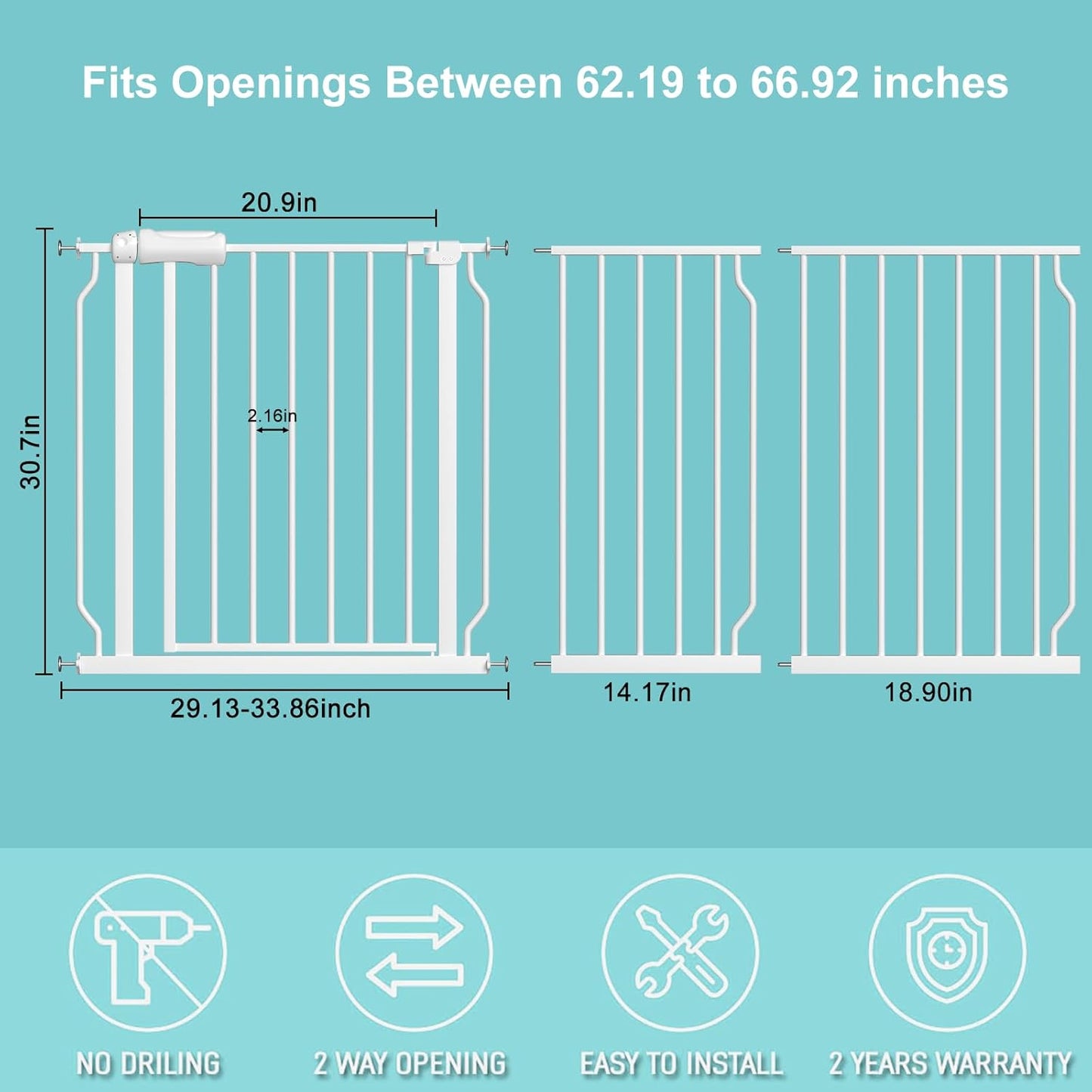 WAOWAO Baby Gate 62.19-66.88" Extra Wide Pressure Mounted Walk Through Swing Auto Close Safety White Metal Toddler Kids Child Dog Pet Puppy for Stairs,Doorways,Kitchen