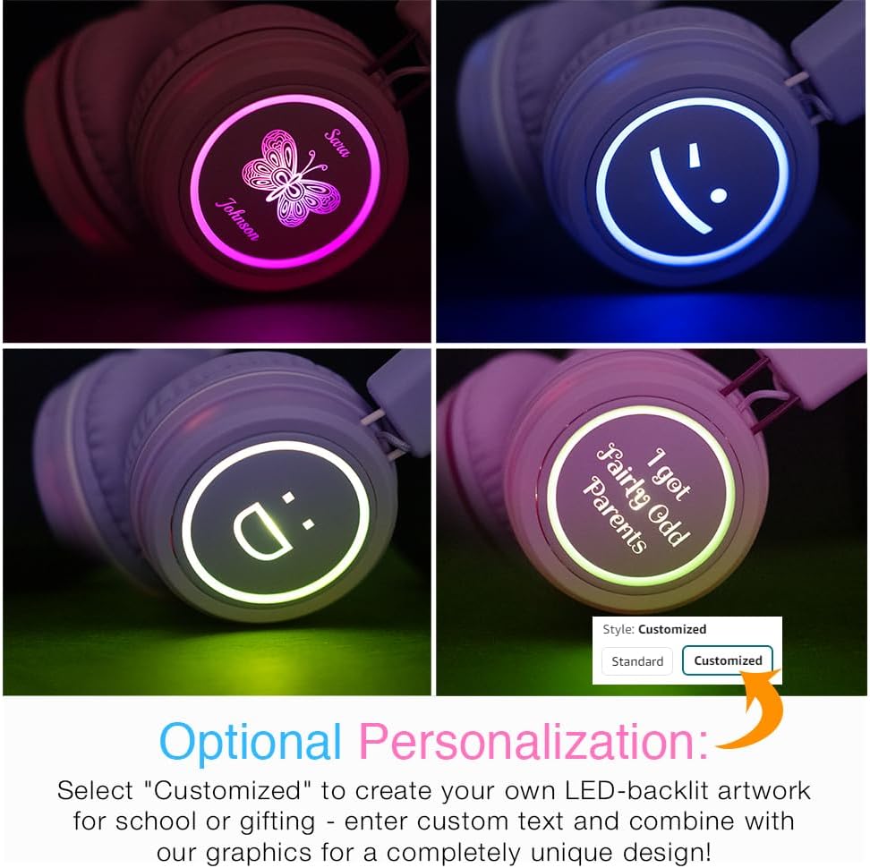 MEE audio KidJamz KJ55BT Bluetooth Wireless Safe Listening Headphones for Children with LED Lights, 85dB Volume Limiter, Microphone, & 40h Battery; Kids Headset for School/iPhone/iPad/Tablet (Pink)