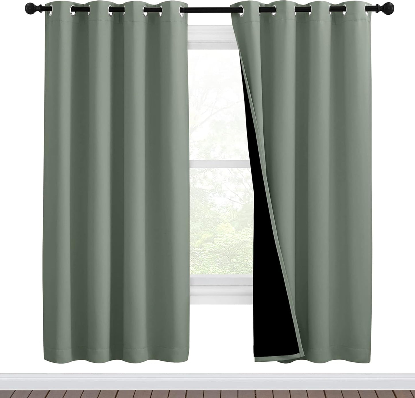 NICETOWN 100% Blackout Window Curtain Panels, Full Light Blocking Drapes with Black Liner for Nursery, 72-inch Drop Thermal Insulated Draperies (Greyish Green, 2 Pieces, 46-inch Wide Per Panel)