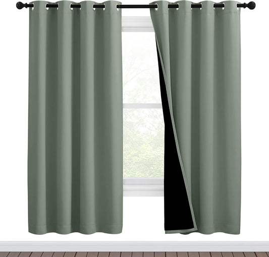 NICETOWN 100% Blackout Window Curtain Panels, Full Light Blocking Drapes with Black Liner for Nursery, 72-inch Drop Thermal Insulated Draperies (Greyish Green, 2 Pieces, 46-inch Wide Per Panel)