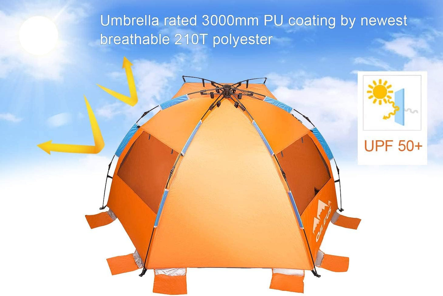 Oileus X-Large 4 Person Beach Tent Sun Shelter - Portable Sun Shade Instant Tent for Beach with Carrying Bag, Stakes, 6 Sand Pockets, Anti UV for Fishing Hiking Camping, Waterproof Windproof, Orange