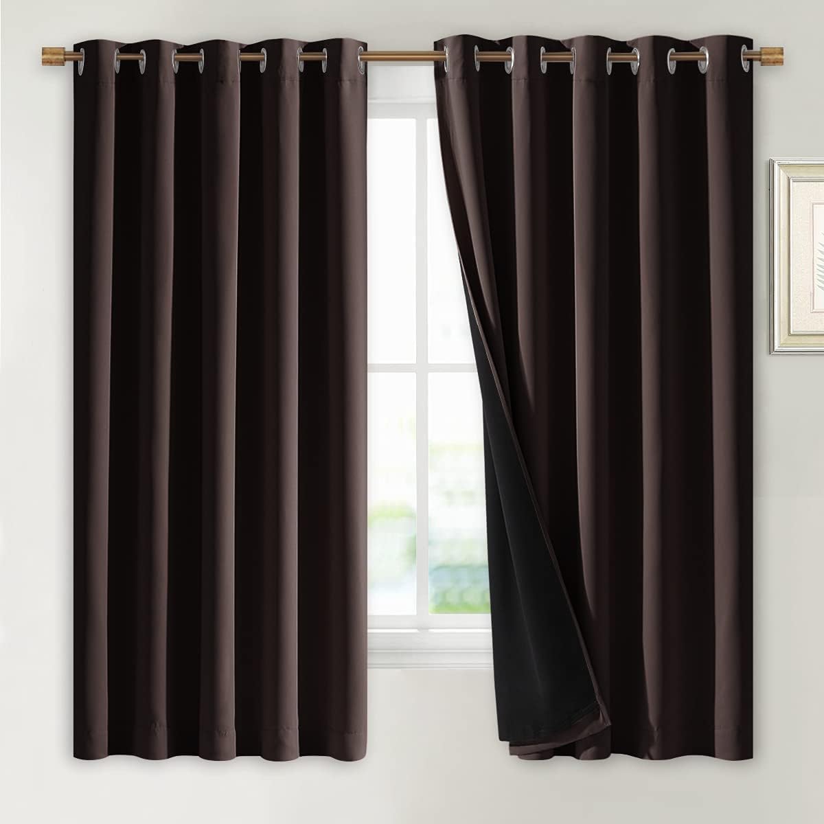 NICETOWN 100% Blackout Lined Curtains, Brown, 1 Pair, 62" Width x 63" Length Each Panel, 2 Thick Layers Completely Blackout Window Treatment Thermal Insulated Drapes for Kitchen/Bedroom