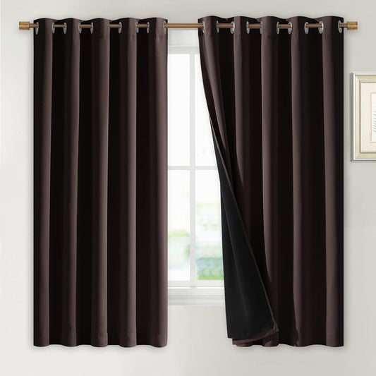 NICETOWN 100% Blackout Lined Curtains, Brown, 1 Pair, 62" Width x 63" Length Each Panel, 2 Thick Layers Completely Blackout Window Treatment Thermal Insulated Drapes for Kitchen/Bedroom
