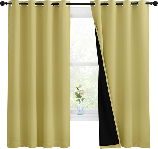 NICETOWN 100% Blackout Curtains with Black Liners, Thermal Insulated Full Blackout 2-Layer Lined Drapes, Energy Efficiency Window Draperies for Bedroom (Paler Yellow, 2 Panels, 55-inch W by 68-inch L)
