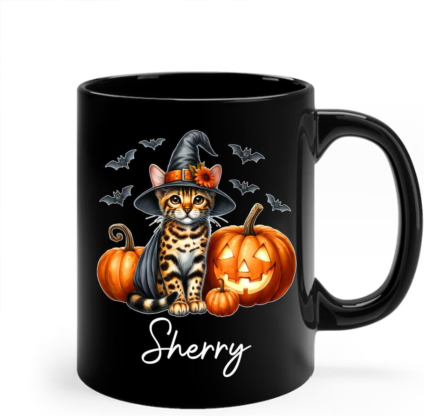 Personalized Name Bengal Wearing Witch Hat Coffee Mug, Custom Bengal Halloween Ceramic Cup, Spooky Cat Pumpkins Mug 11oz 15oz, Pet Halloween Black Cup, Gift for Cat Dad Mom Family Friend