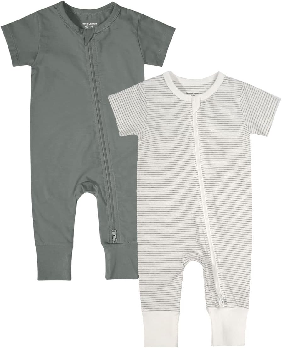 Teach Leanbh Baby Boys Girls 2-Pack Romper Jumpsuits Cotton 2 Way Zipper Short Sleeve Footless Sleep and Play 3-24 Months