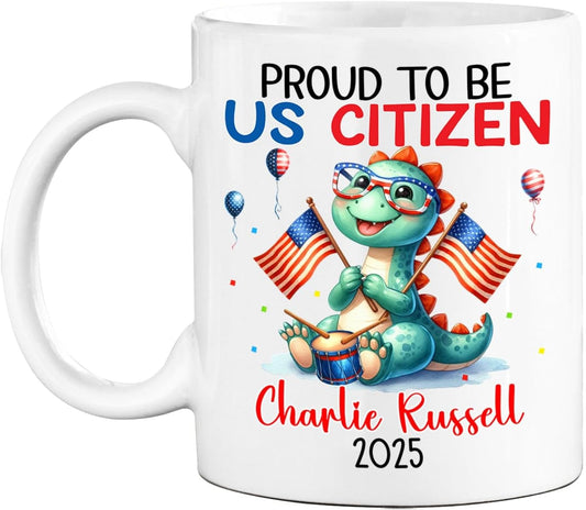 Personalized American Citizen Coffee Mug, Proud To Be Us Citizen Coffee Cup Gift For Grandkid Friend Bestie, Customized Year & Name US Citizenship White Cup, Awesome American Flag Ceramic Mug 11 15Oz