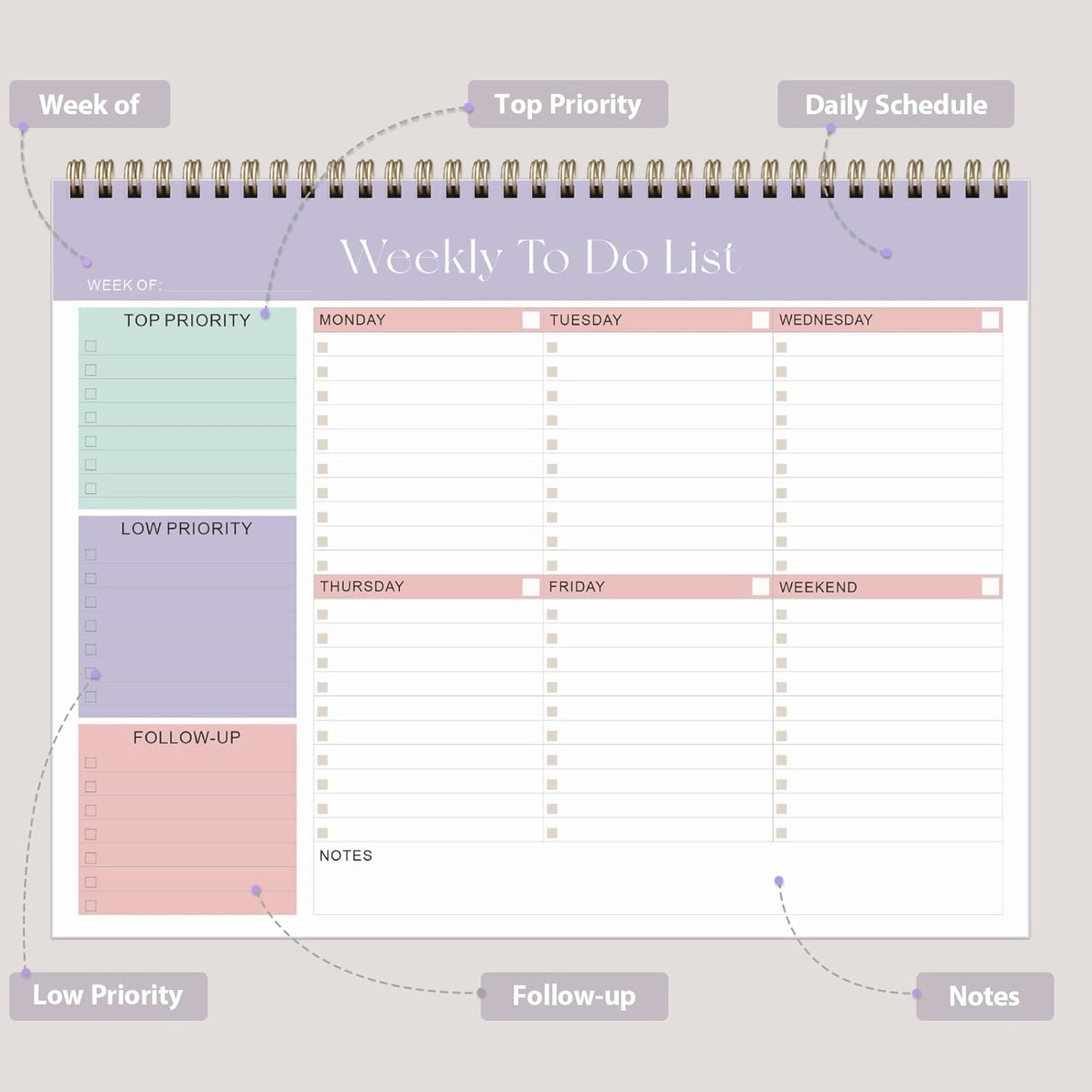 Weekly To Do List Notepad, Undated Planner with 52 Sheets (8.5''x11''), Desk Weekly Planner for Women & Man, Home School & Work (C-Lilac)