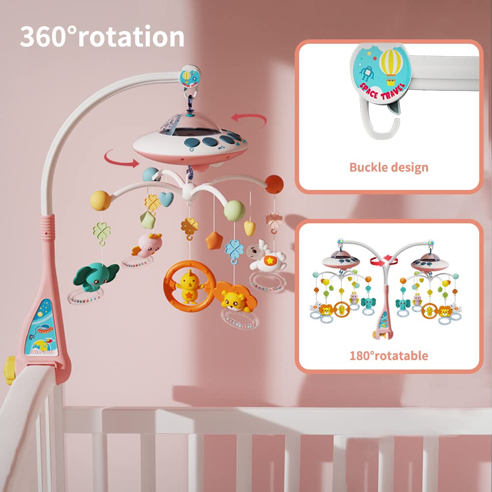 Eners Baby Crib Mobile with Music and Lights, Mobile for Crib with Remote Control, Rotation, Moon and Star Projection, Baby Crib Toys for Boys Girls (Pink)