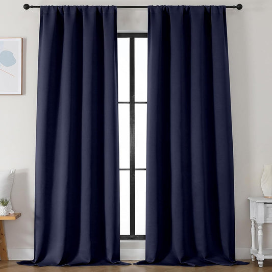 Simplebrand Ava Navy Blue Blackout Curtains for Bedroom 96 Inches Long 2 Panels, Solid Thermal Insulated, Energy Saving Living Room Window Treatment Curtains Blackout Drapes, W50 x L96 Inch, Navy Blue