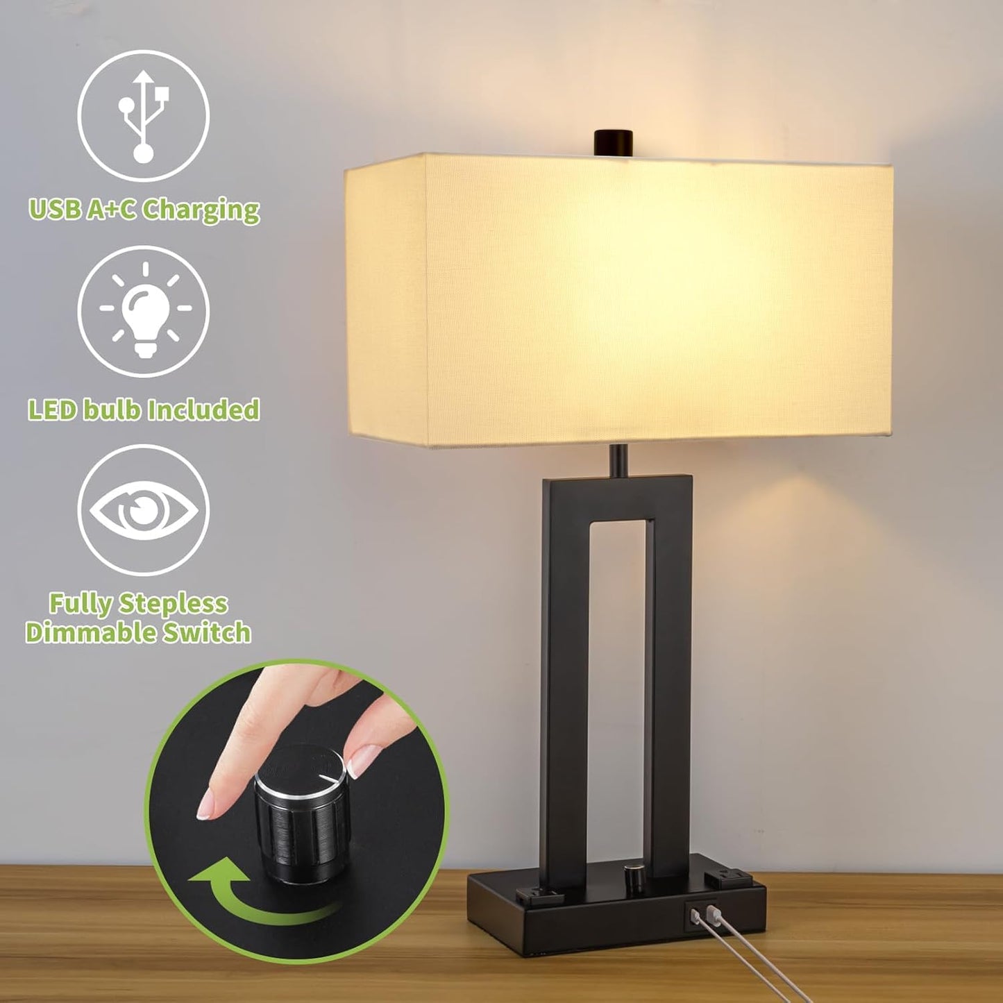 Modern Table Lamps Set of 2-22" Tall Bedside Lamps with USB-C/USB-A Charge Ports & Outlet, Stepless Dimmable Fabric White Shade Nightstand Lamps for Bedroom & Living Room