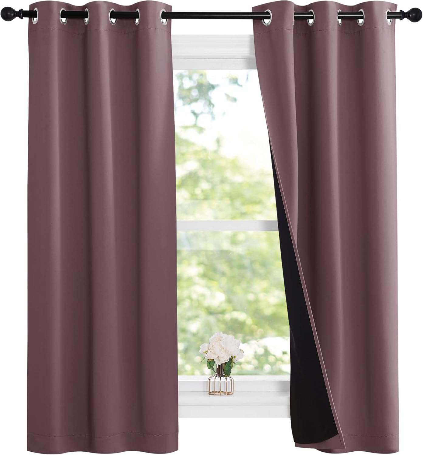 NICETOWN Dry Rose 100% Blackout Lined Curtains, 2 Thick Layers Narrow Wide Window Treatment Panels Thermal Insulated Drapes for Kitchen Small Window (1 Pair, 37" Width x 63" Length Each Panel)