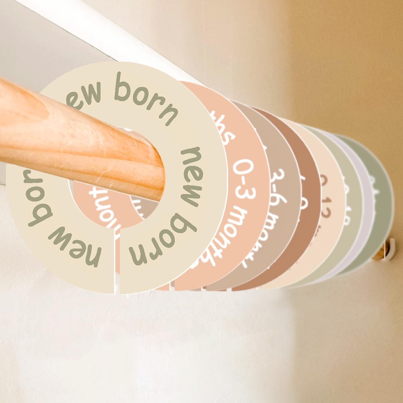 Baby Closet Dividers for Clothes – Earth Tone Round Baby Clothes Dividers for Closet Rod, Nursery Closet Organizer & Decor, Clear Labels for Easy Sorting, Fits Most Rods
