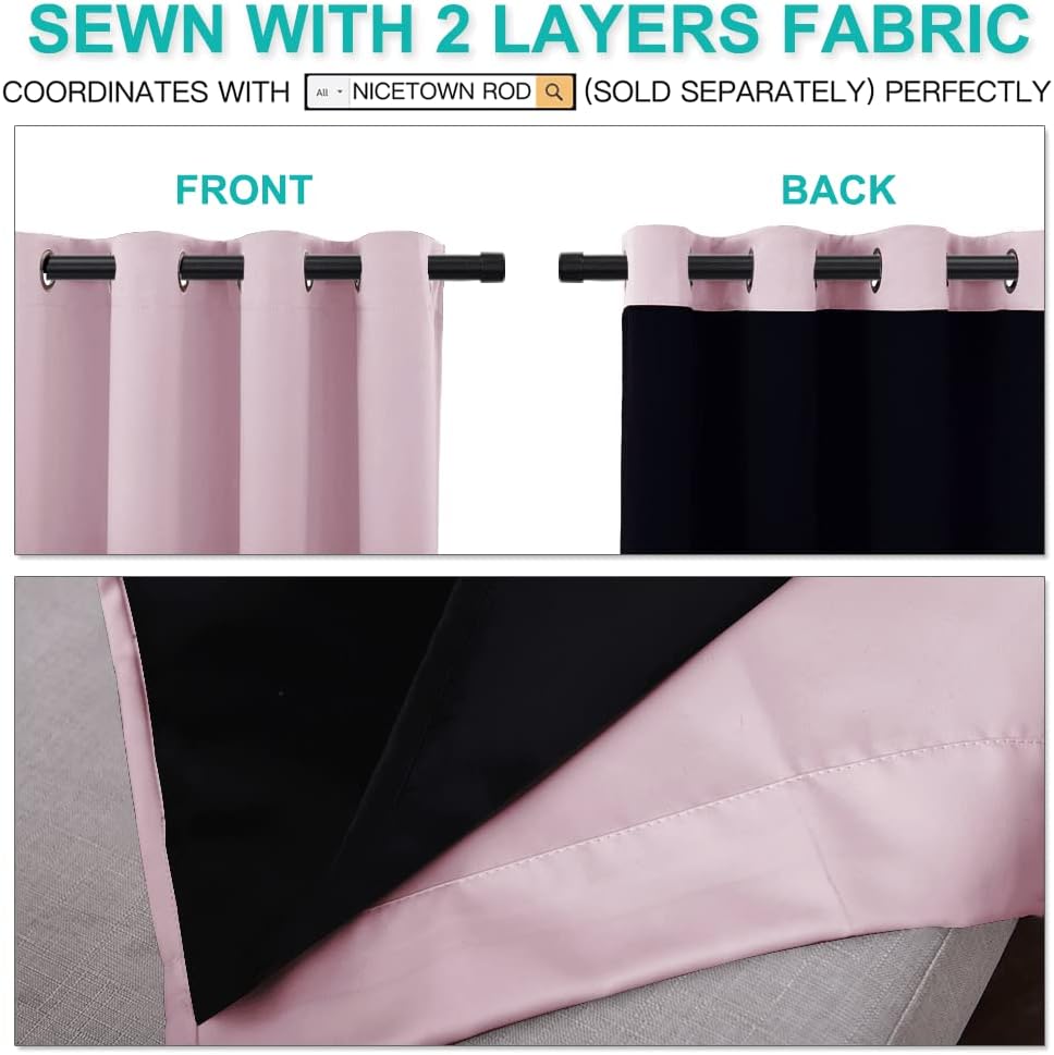 NICETOWN 100% Blackout Room Warming Lined Curtains, Totally Darkness Drapes, Thermal Insulated Drapes for Daughters Nursery (Lavender Pink, 1 Pair, 52 inches Width x 63 inches Length Each Panel)