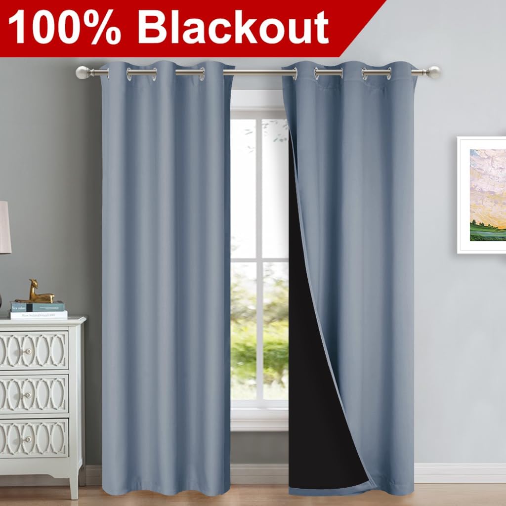 NICETOWN Full Shade Curtain Panels, 37" Wide x 80" Long, Vintage Blue, Pair of Thermal Insulated & Energy Efficiency Blackout Drapes for Living Room, Lined Silky Performance Window Dressing