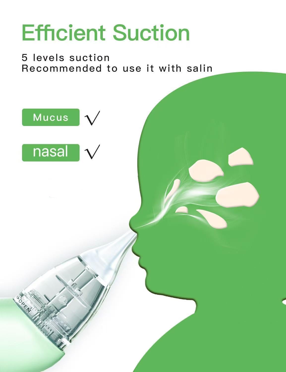 Baby Nasal Aspirator, Electric Nose Sucker with 5 Levels Suction, Soothing Light & Nursery Rhymes (Green)