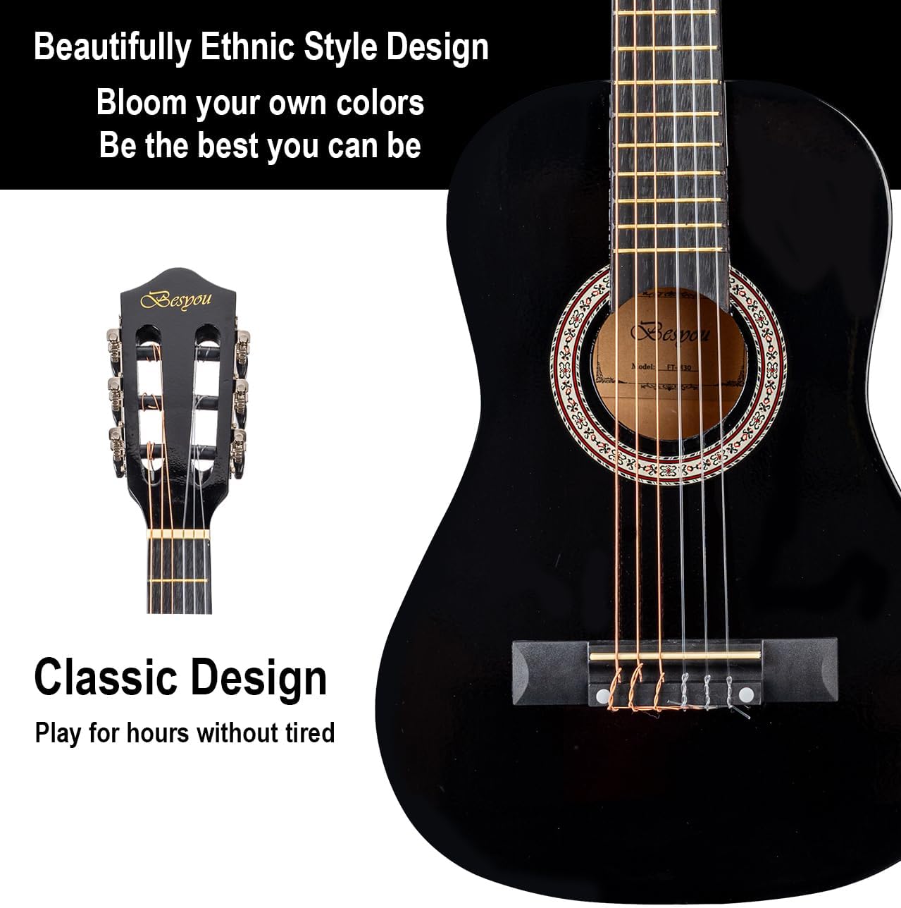 30" Black Beginner Acoustic Guitar Starter Package Student/Kids Guitar with Gig Bag,Strap,2 Picks,Extra Strings, Electronic Tuner.