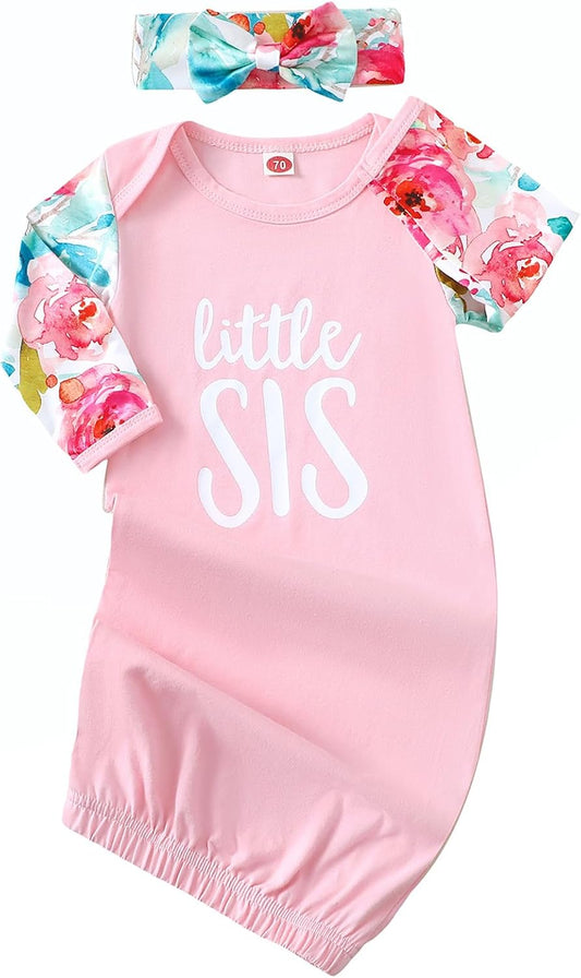 AMAWMW Newborn Baby Girl Little Sister Sleeper Gown Stripe Long Sleeve Nightgown Pajamas Gifts Stuff Essential Outfit