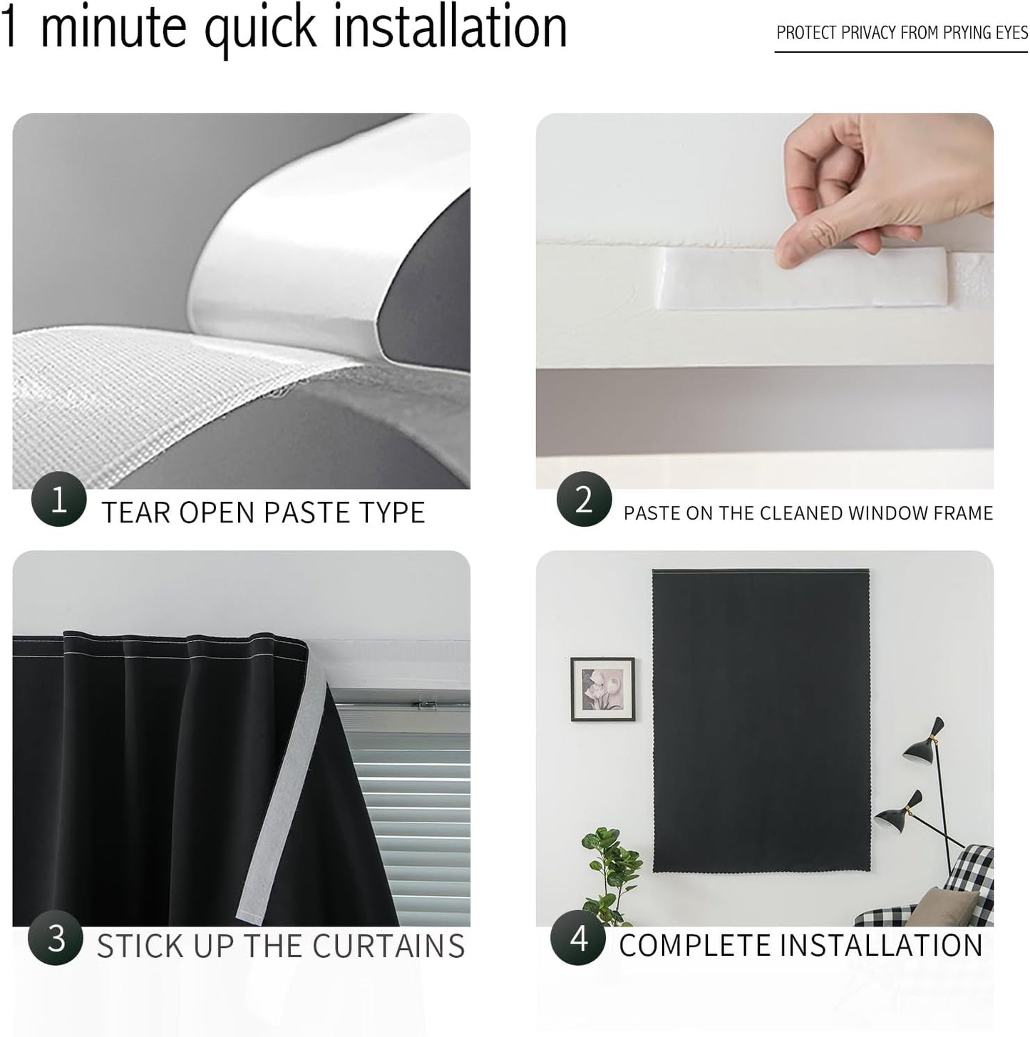 Adhesive Blackout Curtains- Self Stick Shades Window Blinds Curtains No Rod Needed Easy to Hang Curtains, Use for Bedroom, Living Room, Dining Room, Kitchen, Home Office, 35"W X 71"L, Black, 1 Panel