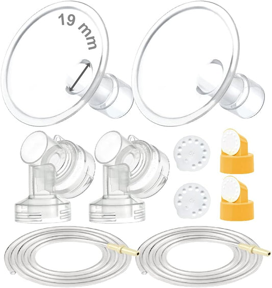 Maymom Breast Pump Kit Compatible with Medela Pump in Style Advanced Pump; 2xTwo-Piece 19mm Breastshield, 2 Valve, 4 Membrane, 2 Replacement Tubing; Replacement Part for Medela Shield, Silicone Valve