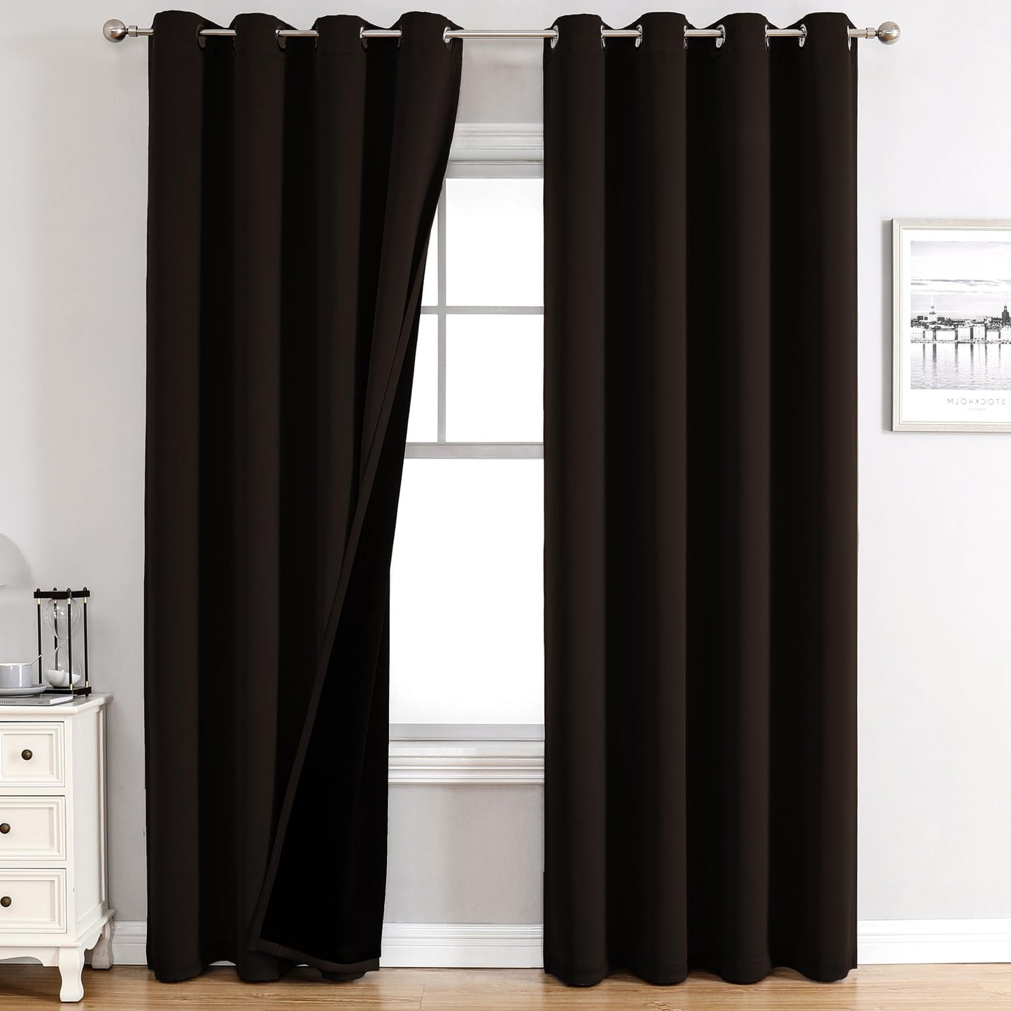 ChrisDowa 100% Blackout Curtains for Bedroom with Black Liner, 2 Thick Layers Total Blackout Thermal Insulated Grommet Long Window Curtains 2 Panels Set (Brown, 52 x 95 Inch)