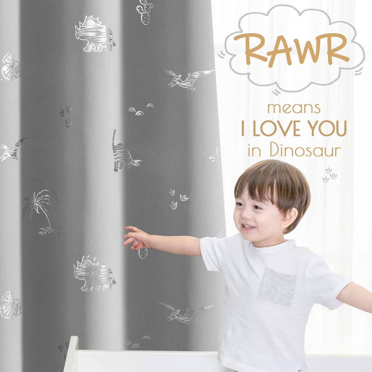 Vangao Kids Curtains Grey Blackout Dinosaur Curtains for Boys Kids Nursery Girls Room Silver Dino Foil Print Thermal Insulated Drapes Grommet Top Window Treatments 84 Inches Length 2 Panels