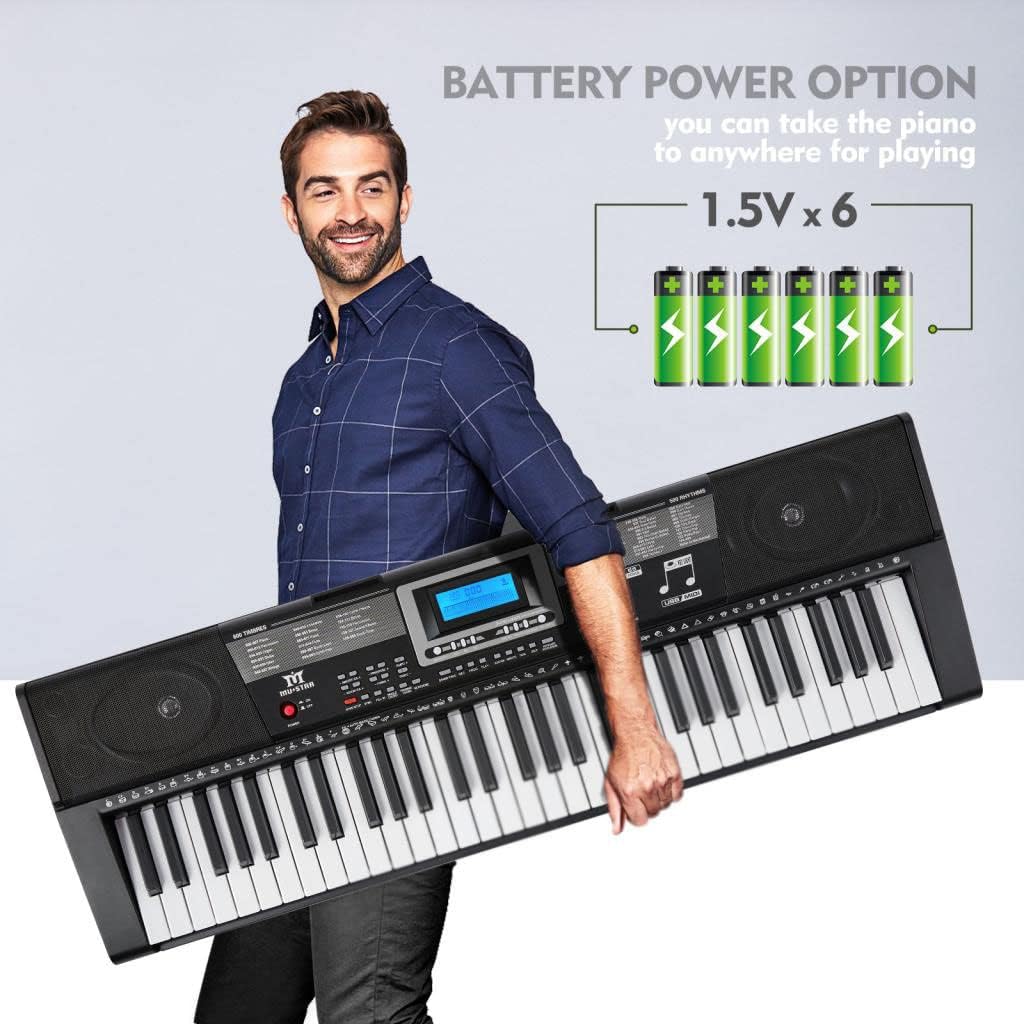 Piano Keyboard, Electric Keyboard Piano with light-Up Key, 255 Tones & Rhythms, Smart Learning System, Headphone/Mic, Stand, Bench, 61 Key Piano Keyboard for Beginners, Kids (Black-1)