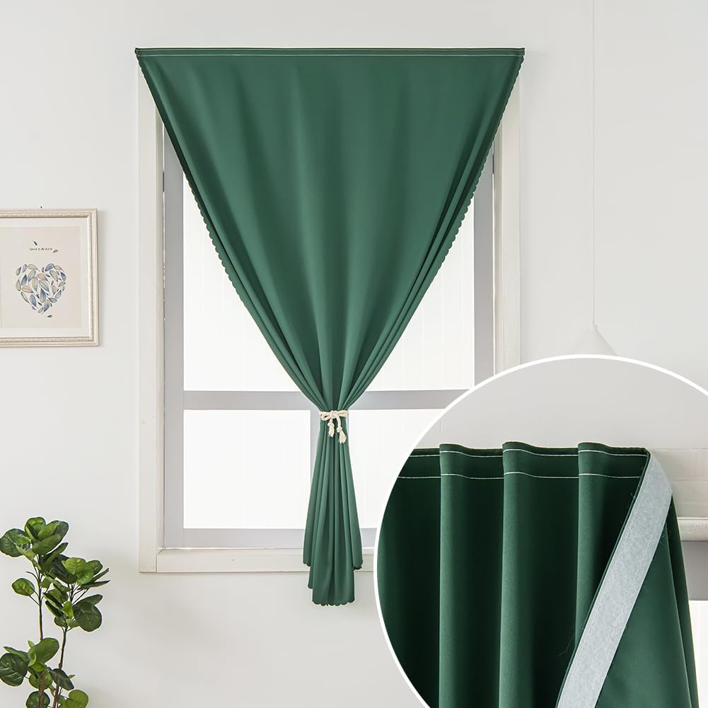Blackout Curtains for Bedroom Stick On Curtains Window Shades Pull Down Blackout Window Cover No Drillng Self Adhesive Curtains No Rod Small Curtain, 35" W X 71" L, Dark Green, 1 Panel