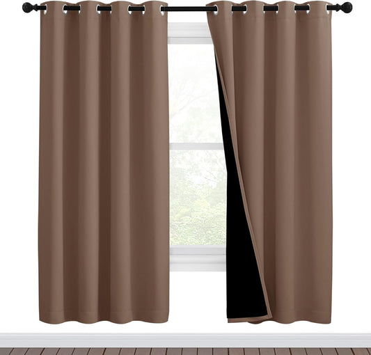 NICETOWN Living Room Completely Shaded Draperies, Privacy Protection & Noise Reducing Ring Top Drapes, Black Lined Insulated Window Treatment Curtain Panels(Cappuccino, 2 Pieces, W46 x L72)
