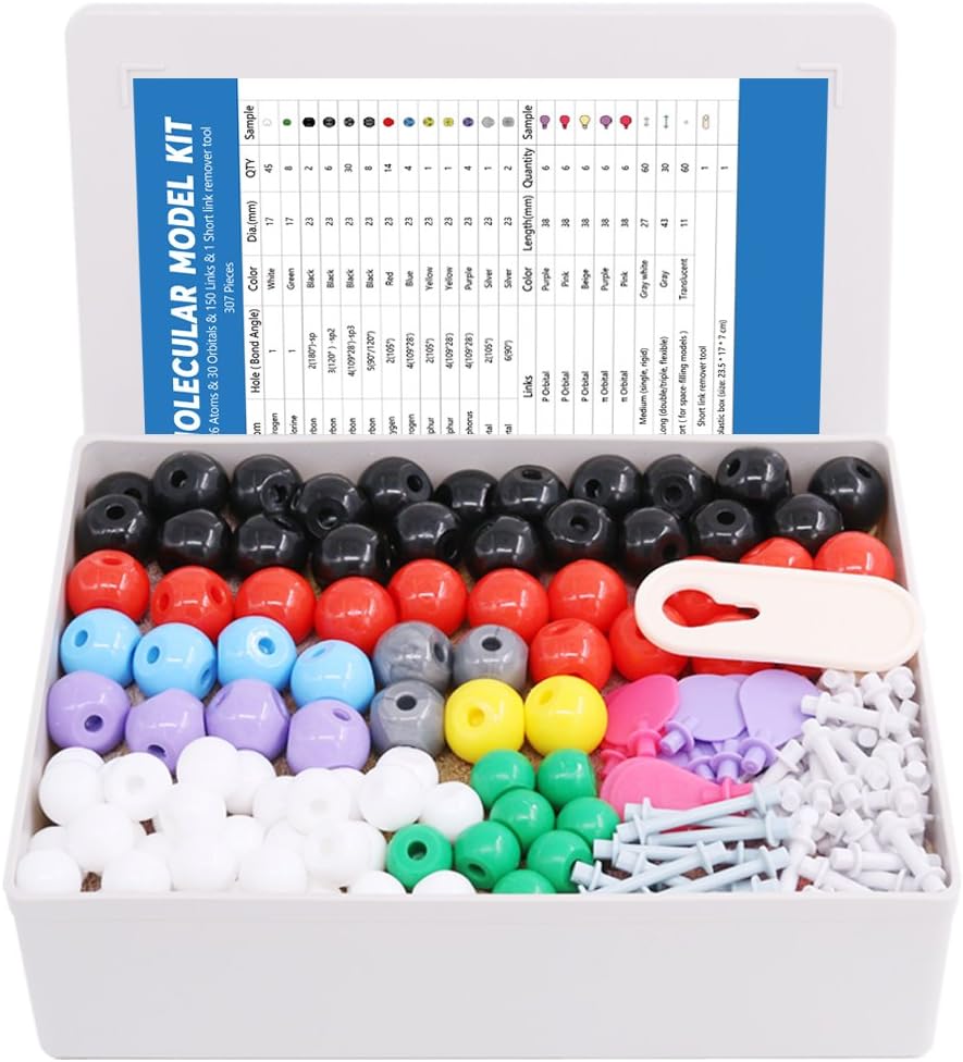 Swpeet 307 Pcs Molecular Model Kit for Organic and Inorganic Chemistry - Chemistry Molecular Model Student and Teacher Set - 126 Atoms & 30 Orbitals & 150 Links & 1 Short Link Remover Tool