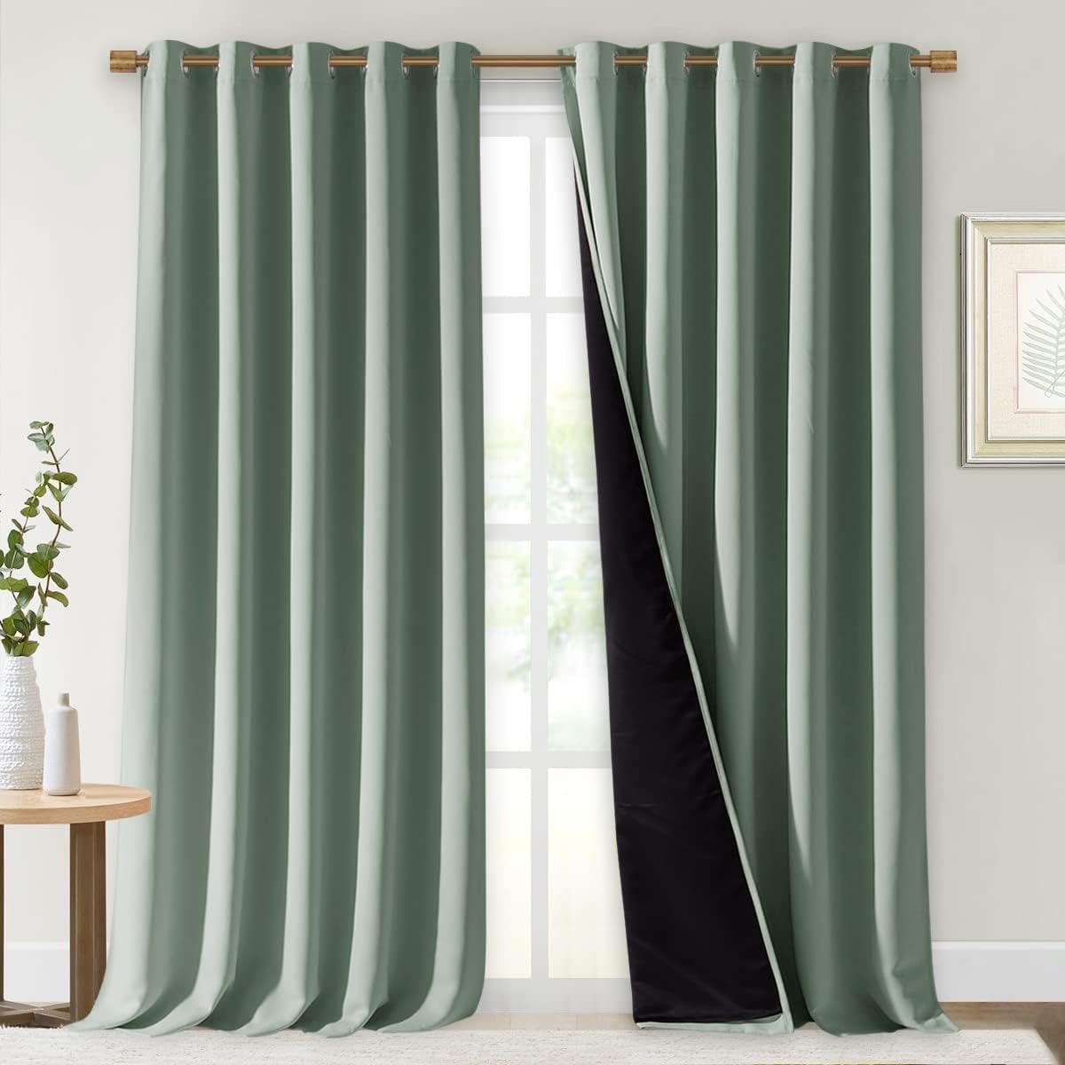 NICETOWN Greyish Green 100% Blackout Curtains for Windows, Super Heavy-Duty Black Lined Total Darkness Drapes for Bedroom, Privacy Assured Window Treatment for Patio (Pack of 2, 70" W x 108" L)