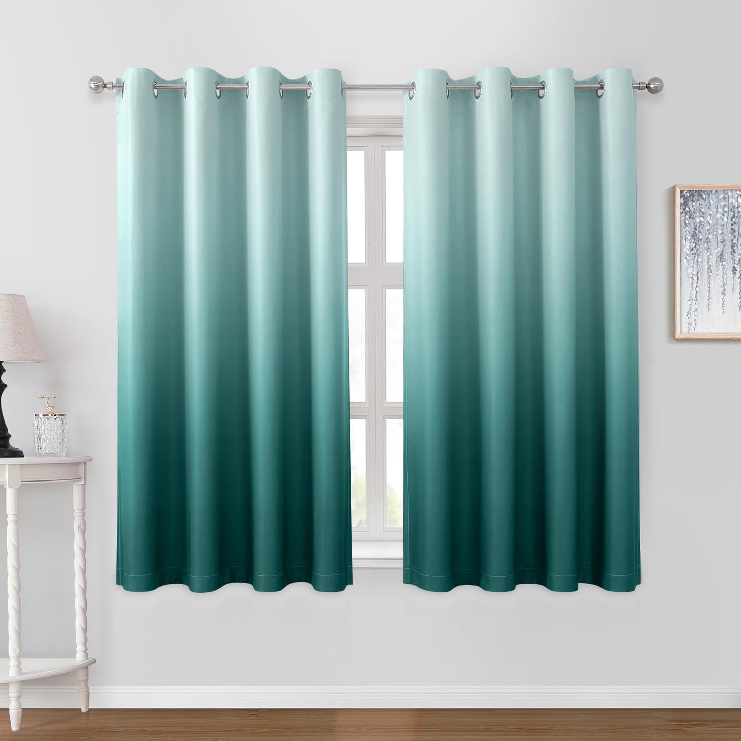 HOMEIDEAS Teal Ombre Blackout Curtains 52 X 63 Inch Length Gradient Room Darkening Thermal Insulated Energy Saving Grommet 2 Panels Window Drapes for Living Room, Bedroom
