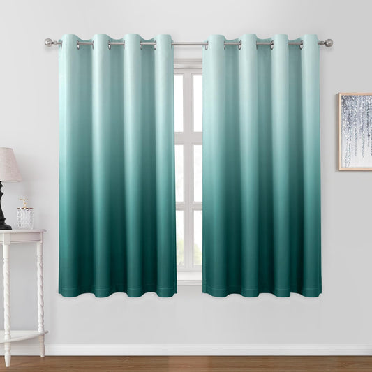HOMEIDEAS Teal Ombre Blackout Curtains 52 X 63 Inch Length Gradient Room Darkening Thermal Insulated Energy Saving Grommet 2 Panels Window Drapes for Living Room, Bedroom
