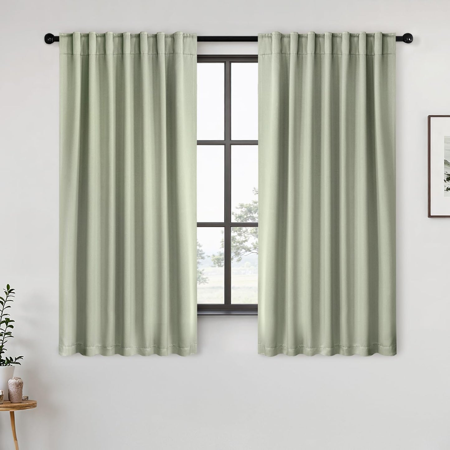 ANRODUO Back Tab Blackout Curtains for Bedroom Living Room, Rod Pocket Pinch Pleated Thermal Insulated Room Darkening Curtains 72 Inches Long 2 Panels, Sage Green, 52 x 72 Inch
