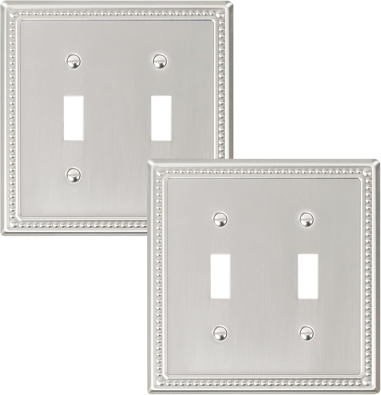 2-Pack Double Toggle Light Switch Cover Plate, Pearls Decorative Dual Switch Plate Covers, Brushed Nickel 2 Gang Metal Wall Plate, Corrosion Resistant