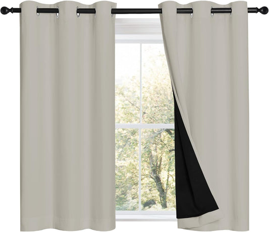 NICETOWN Natural 100% Blackout Curtains 45 inches Long, 2 Thick Layers Completely Blackout Window Treatment Thermal Insulated Lined Drapes for Small Window (1 Pair, 42 inches Width Each Panel)