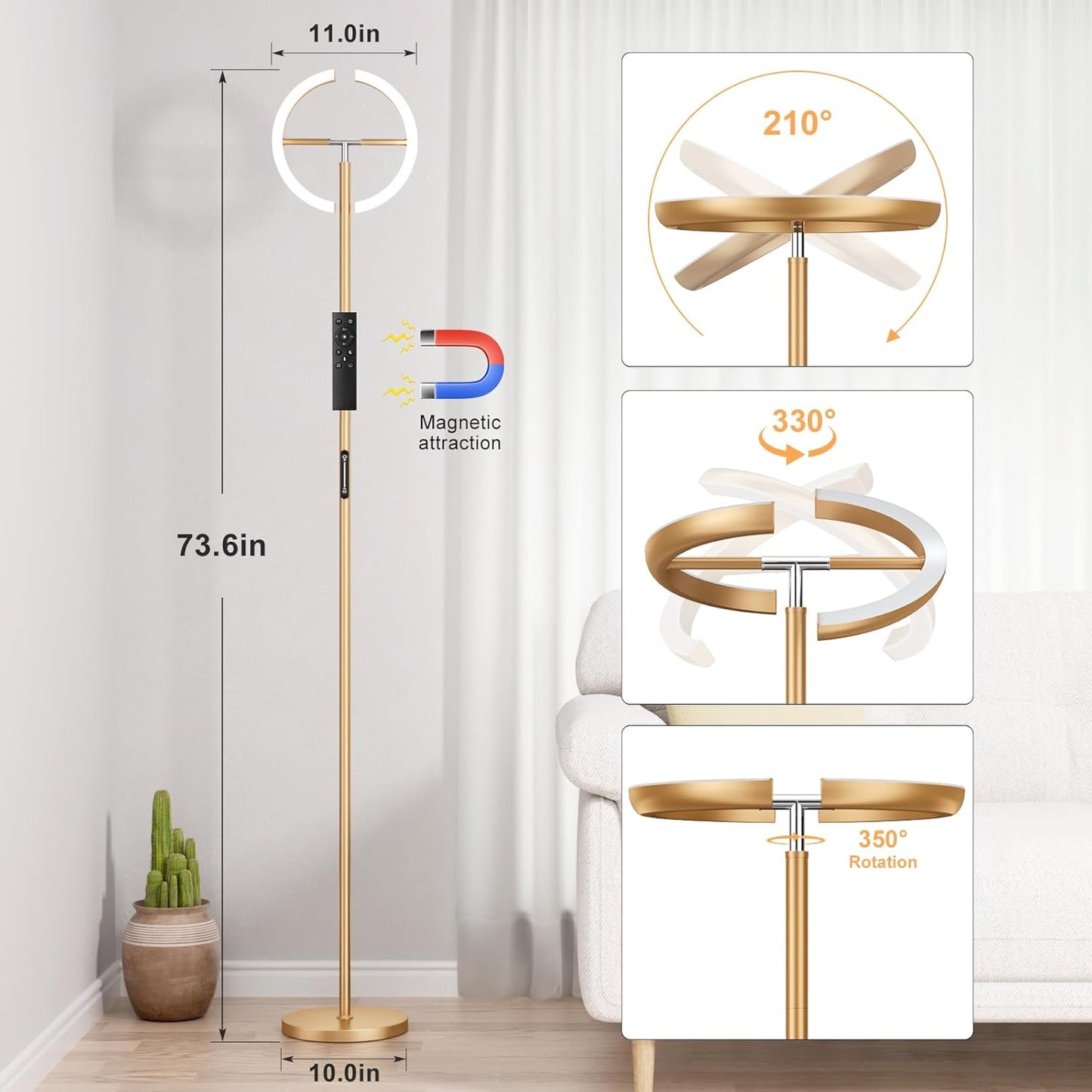 Floor Lamps for Living Room, 40W/2400LM LED Gold Floor Lamp with Touch & Remote Control, 70" Tall Standing Lamp Stepless Dimmable, Modern Torchiere Corner Lamp for Bedroom, Office- Gold