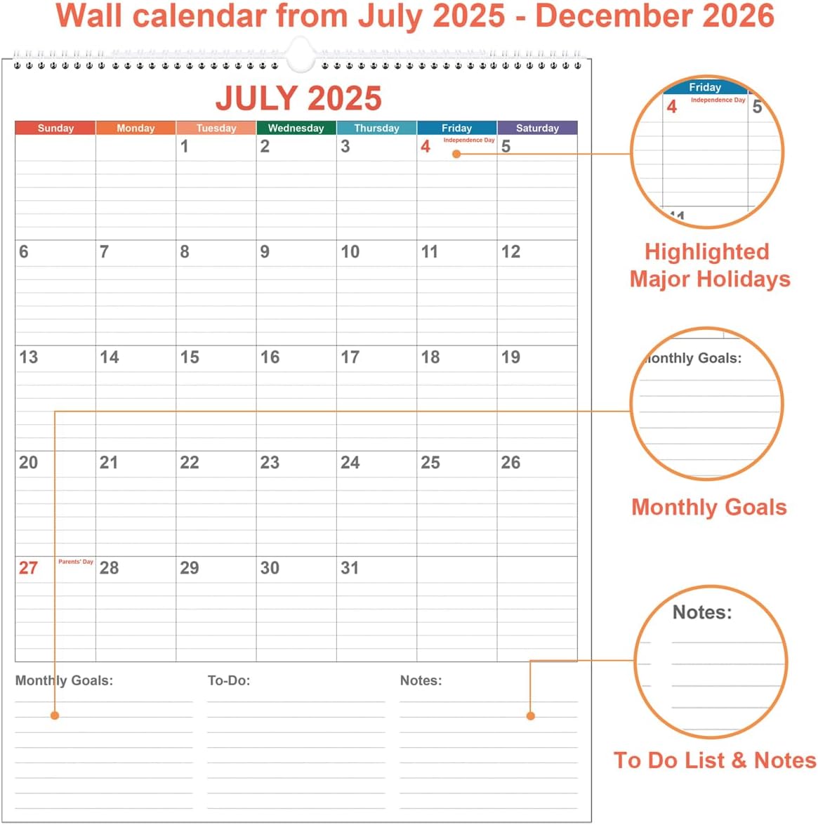 Large Calendar 2025-2026 with Spiral Bound - 18 Month Big Calendar from July 2025 to December 2026, Vertical Large Monthly Planner 2025-2026 for Wall, Calendario 2025-26, 22" x 17", Colorful