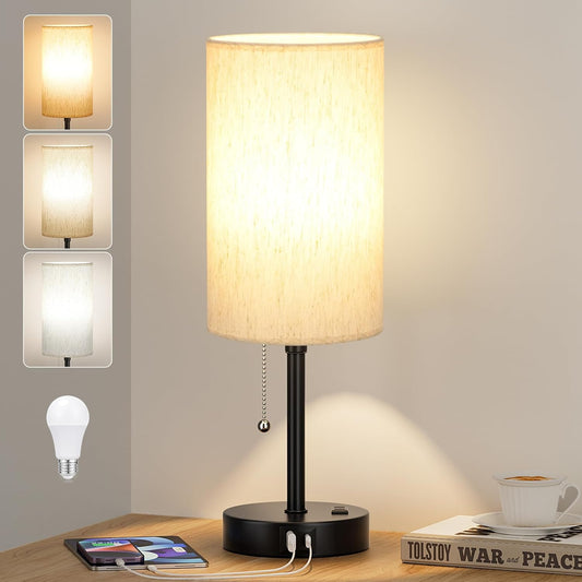 Pull Chain Table Lamp for Bedroom - 3 Color Temperatures, USB A + C Charging, AC Outlet, 17.4 inch Tall Bedside Lamp with E26 LED Bulb