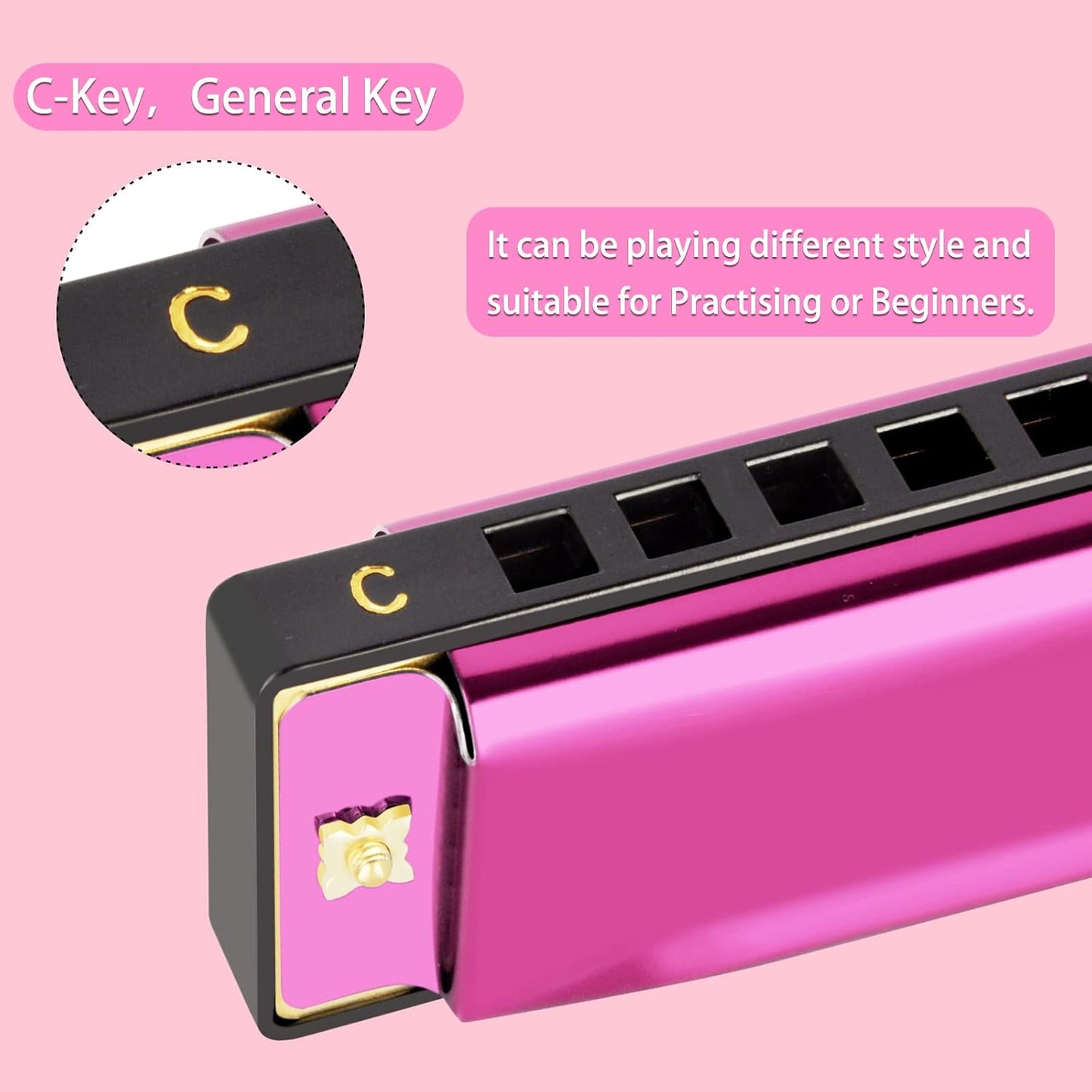 EastRock Blues Harmonica Mouth Organ 10 Hole C Key with Case, Diatonic Harmonica for Professional Player, Beginner, Students gifts, Adult, Friends, Gift(Pink）)