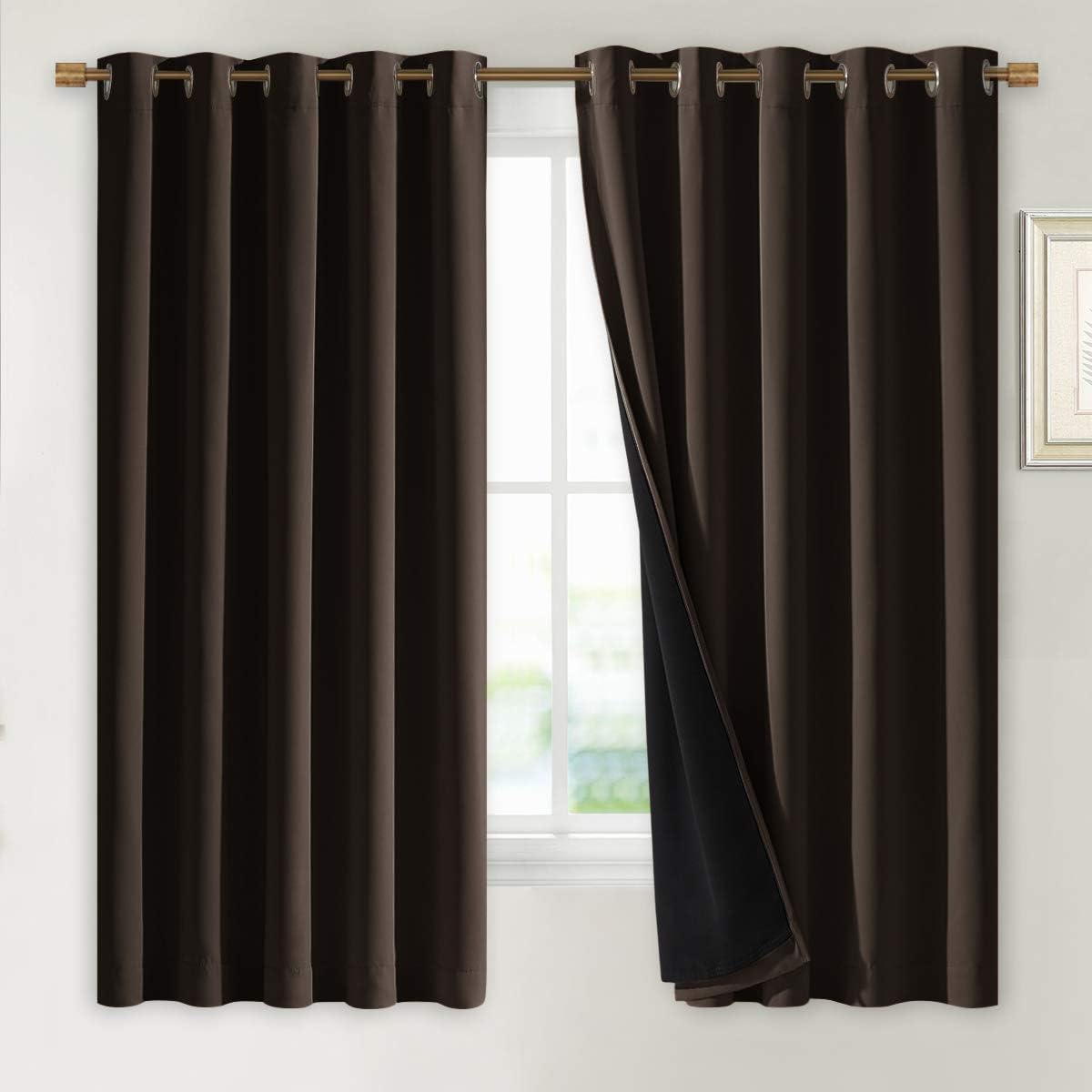 NICETOWN Complete 100% Blackout Curtains, Thermal Insulated & Energy Efficiency Window Draperies with Black Liner, Noise Reducing Short Curtains for Kids Room (Brown, 70-inch W by 63-inch L, 2 Panels)