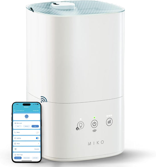 MIKO Ultrasonic Humidifiers for Bedroom Baby - Pre Filter, Wifi App controlled, Auto Mode, No Leak Design, Sleep Mode, Built-in Timer, Humidifier for Babies & Home