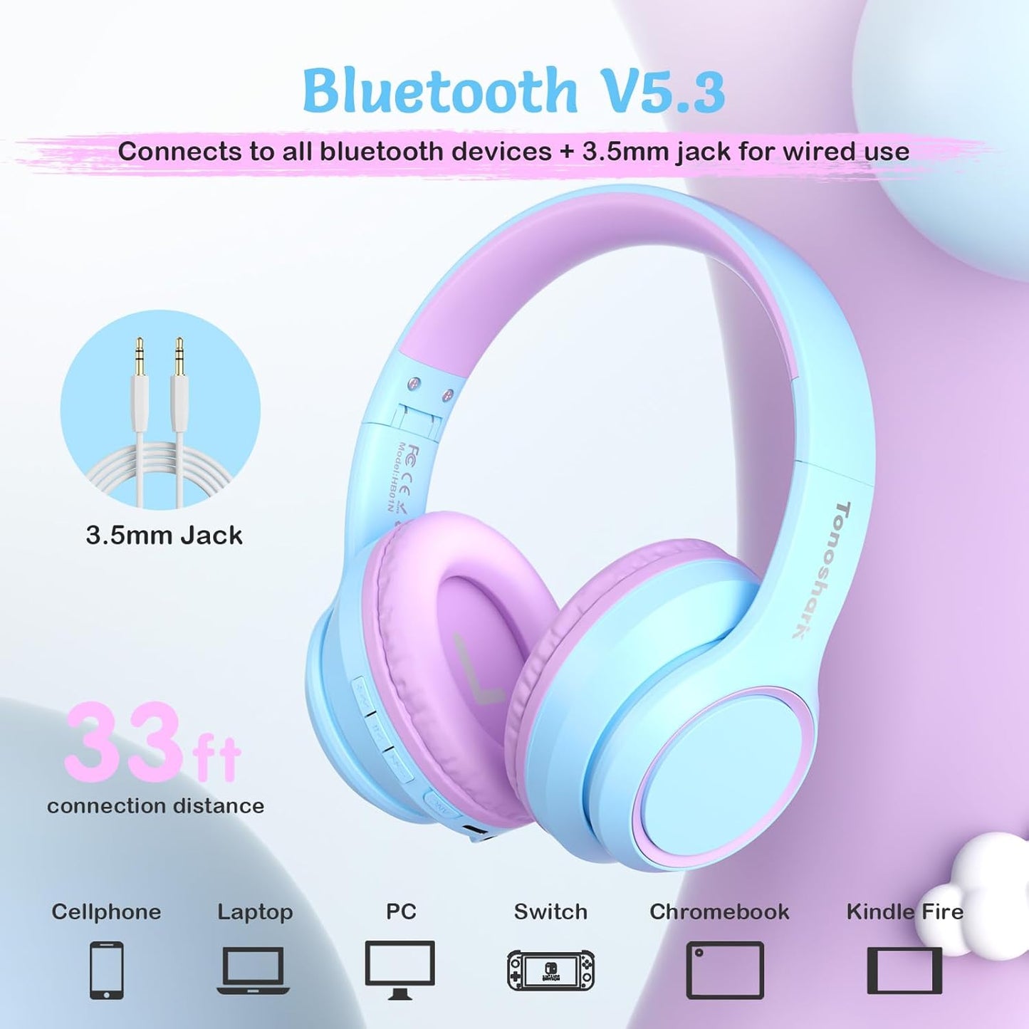 Active Noise Cancelling Headphones for Kids, 60H Playtime,Purple Wireless Bluetooth Over-Ear Headset Built-in Microphone for Home/School/Travel/Party - Includes Portable Case