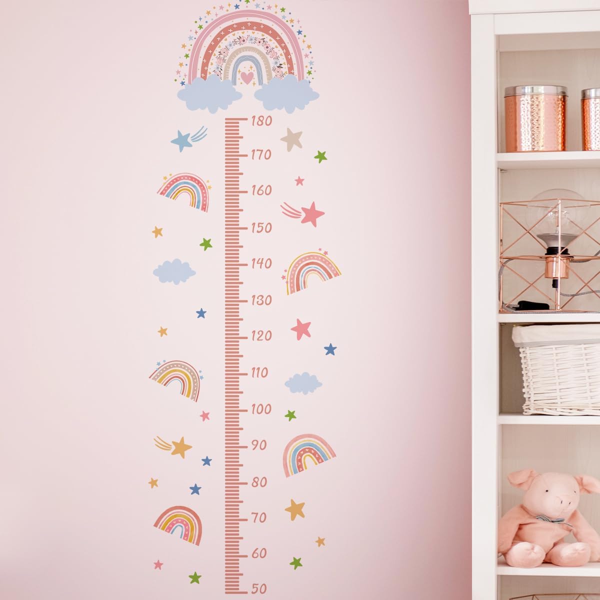 3D Cartoon Height Growth Chart for Kids - Removable DIY Pink Rainbow Wall Decal Peel and Stick Stars and White Clouds Wall Art Decor for Kids Nursery, Bedroom, Bathroom