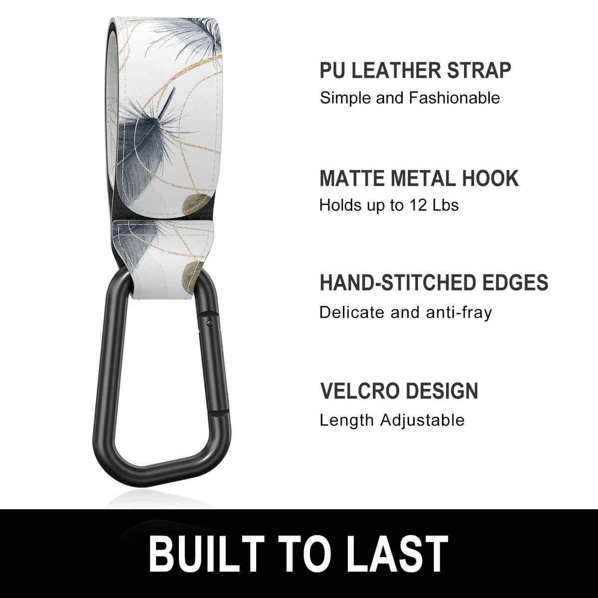 Baby Stroller Hooks for Hanging Bags, Universal Stroller Clips Accessories, Mommy Hook for Diaper Bag, Shopping Cart, Purse, Backpack - 2 Pack, Minimalist Feather