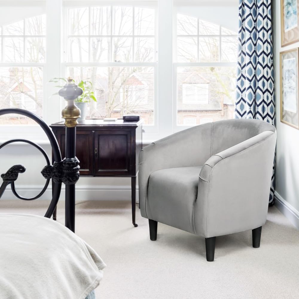 Yaheetech Living Room Chair, Velvet Accent Upholstered Barrel Sitting Chair with Armrest and Low Back for Bedroom, Grey