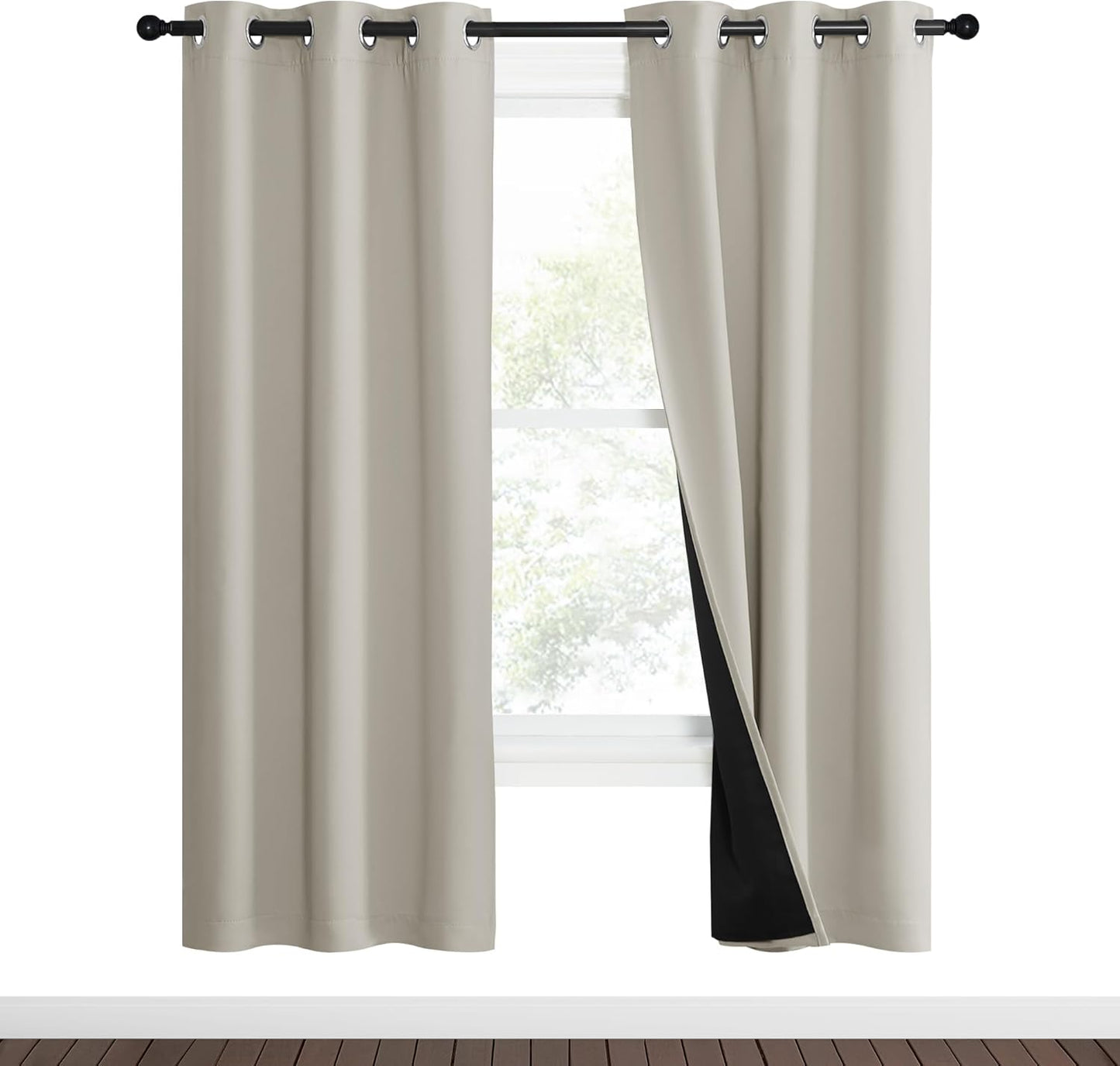 NICETOWN Natural Blackout Curtains 70 inches Long, 2 Pieces, 37" Wide Each Panel, Full Light Blocking Drapes with Black Liner for Nursery, Noise Reducing Thermal Insulated Draperies for Doorway